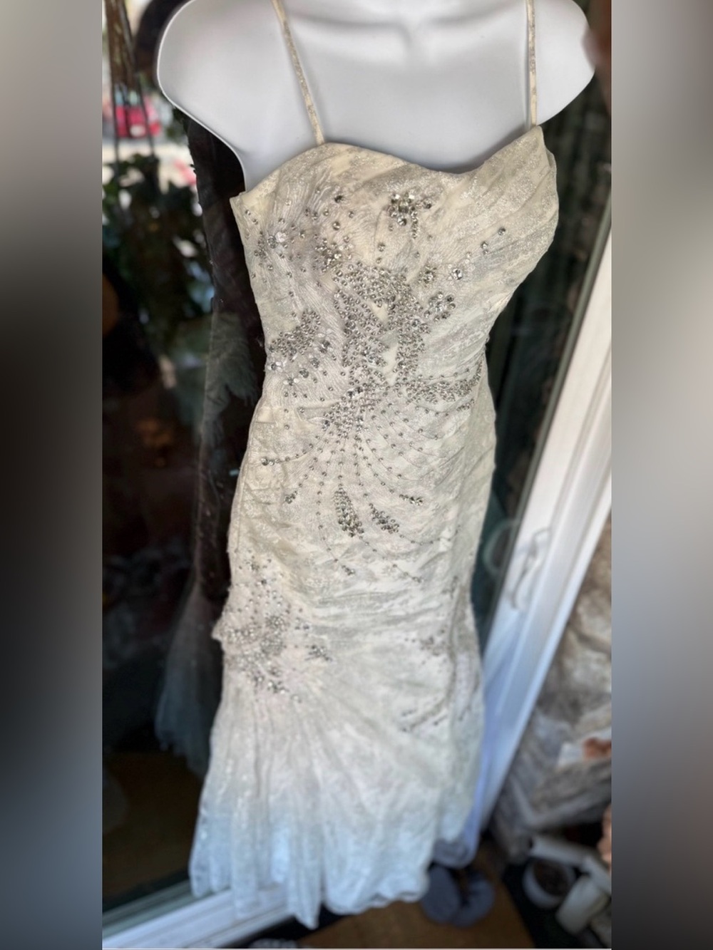 Galina Signature silver and white beaded prom dress.